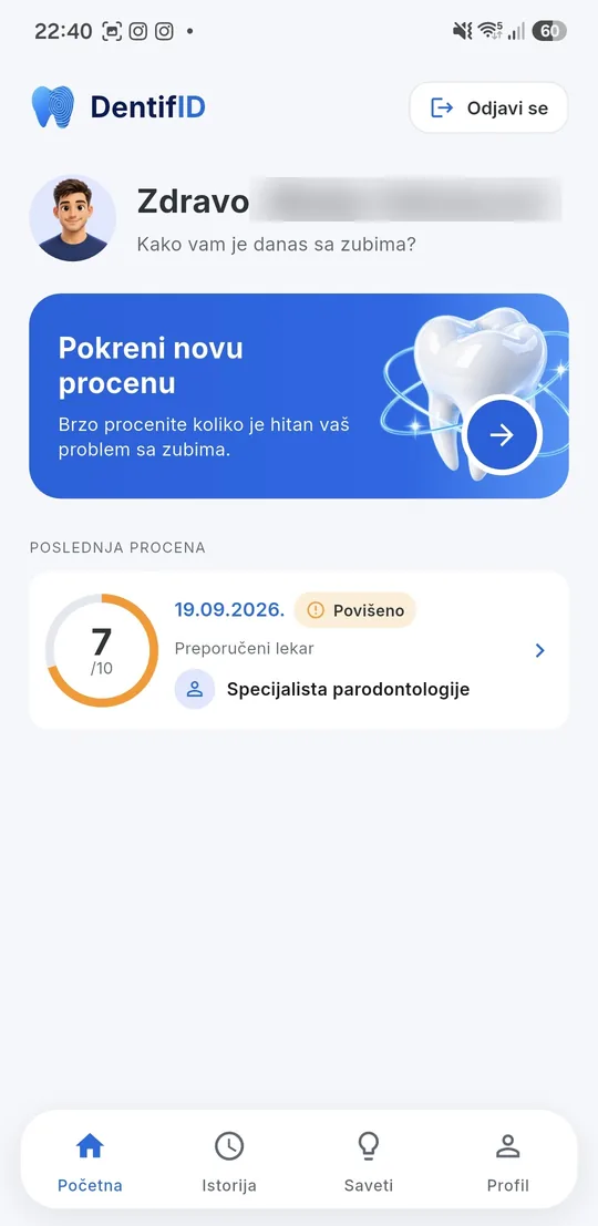 Početni ekran aplikacije sa karticom za novu procenu i poslednjom procenom