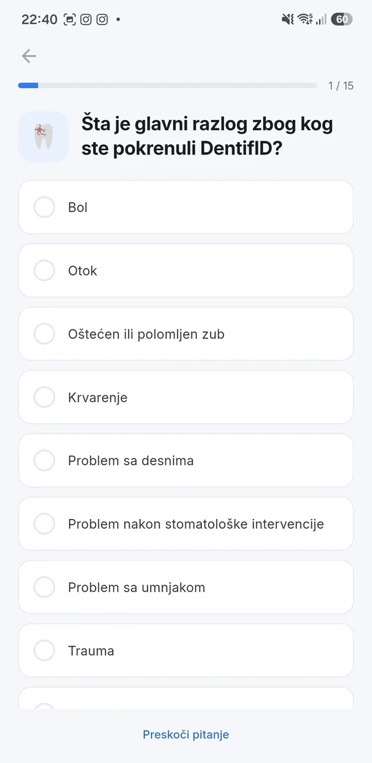 Ekran sa pitanjem iz upitnika i ponuđenim odgovorima