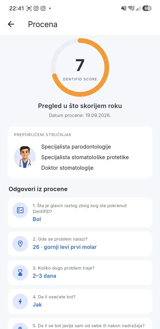 Ekran rezultata u aplikaciji: DentifID SCORE 7 i nivo „Pregled u što skorijem roku”